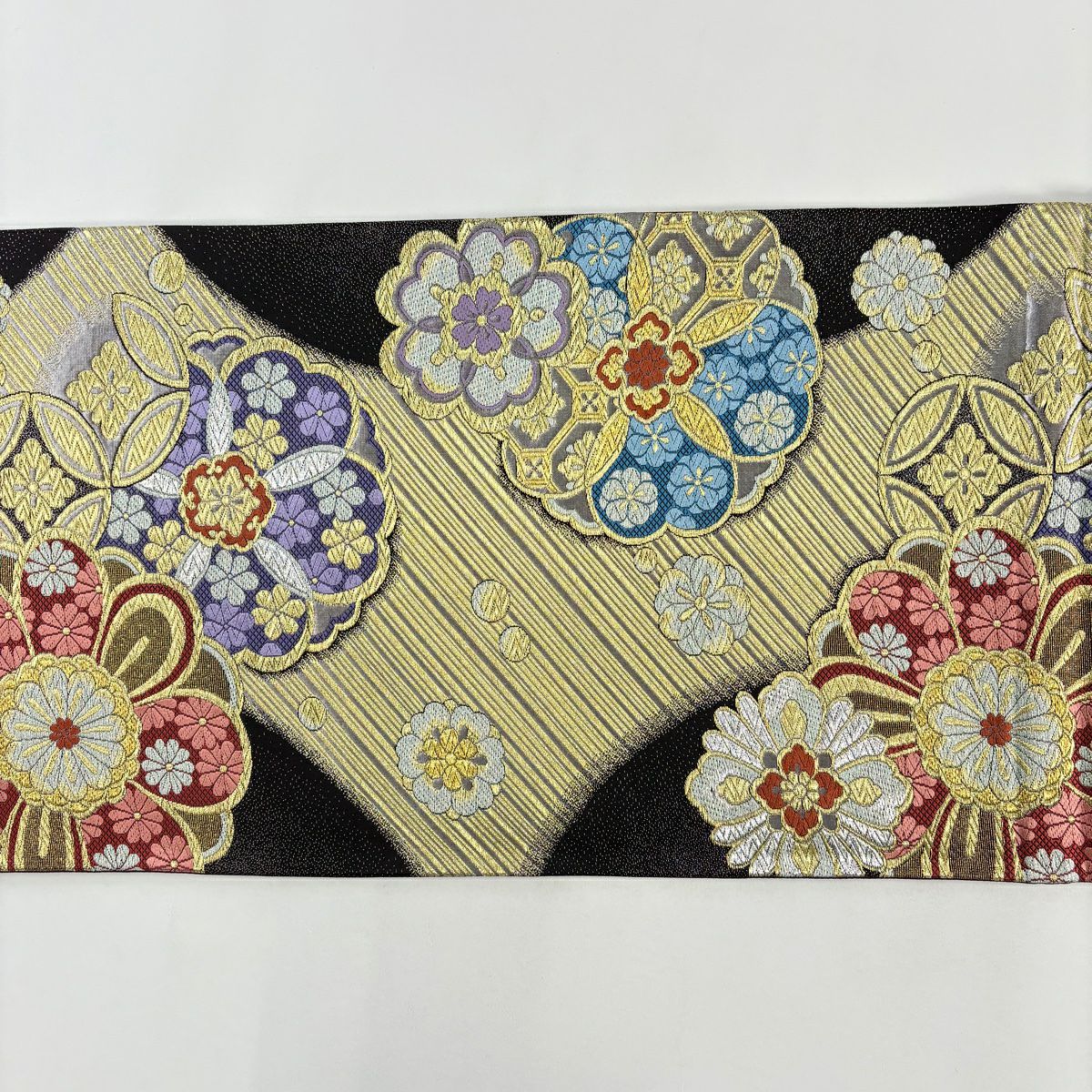 【美品】 袋帶 秀品級 華紋 斜紋 金絲 金金箔 深紫 六通 純蠶絲