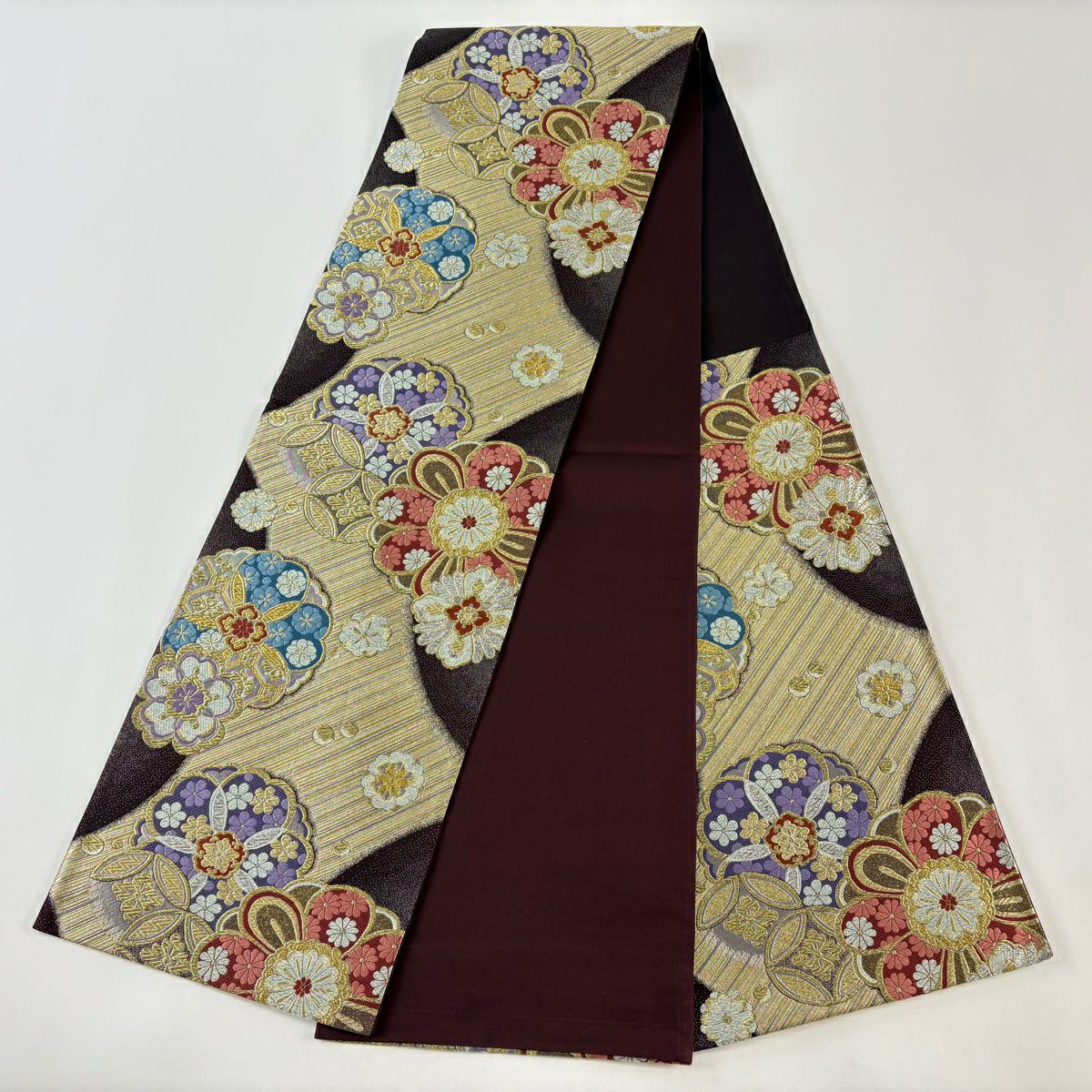 【美品】 袋帶 秀品級 華紋 斜紋 金絲 金金箔 深紫 六通 純蠶絲