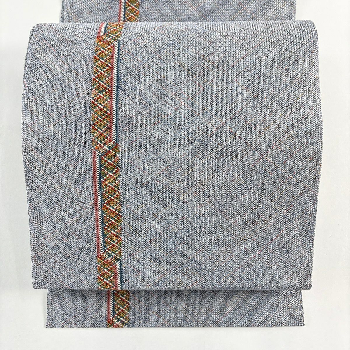 【美品】 名古屋帶 秀品級 斜格紋 金絲 青灰色 純蠶絲