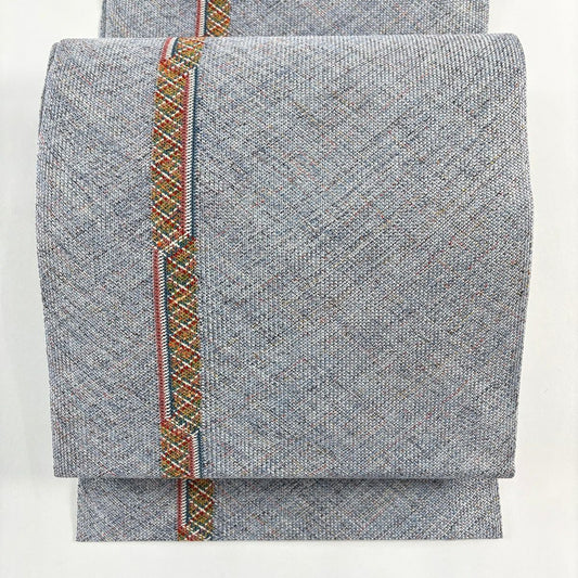 【美品】 名古屋帶 秀品級 斜格紋 金絲 青灰色 純蠶絲