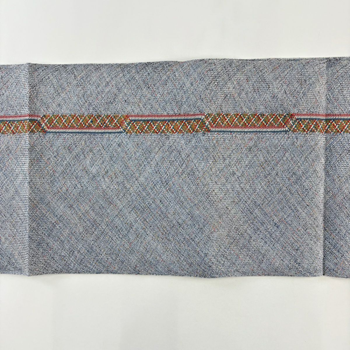 【美品】 名古屋帶 秀品級 斜格紋 金絲 青灰色 純蠶絲