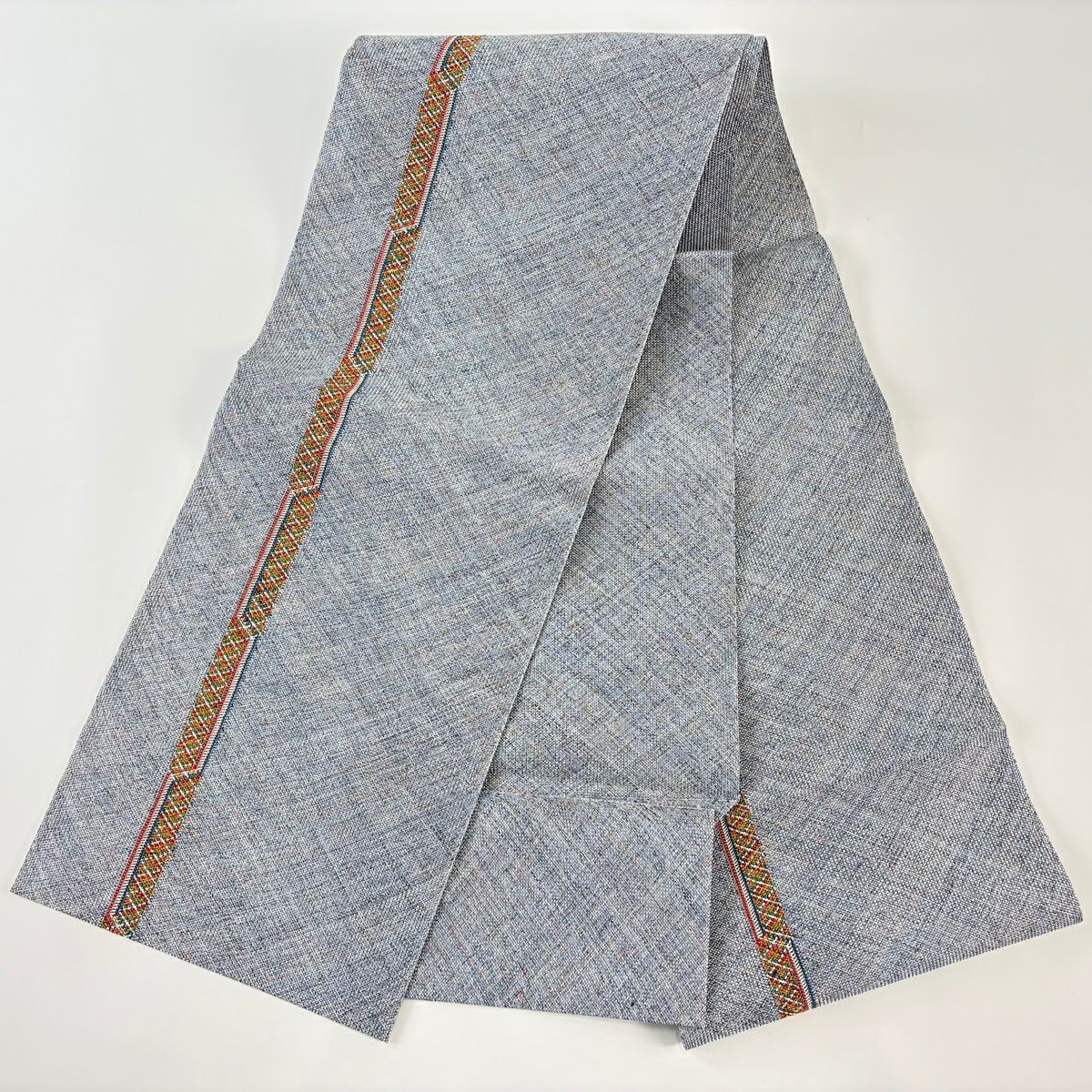 【美品】 名古屋帶 秀品級 斜格紋 金絲 青灰色 純蠶絲