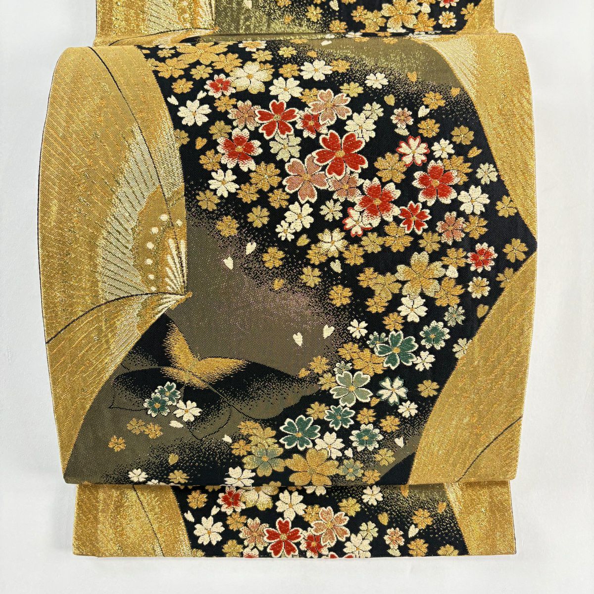 【美品】 袋帶 秀品級櫻花 蝴蝶 金絲 金金箔 金 六通 純蠶絲
