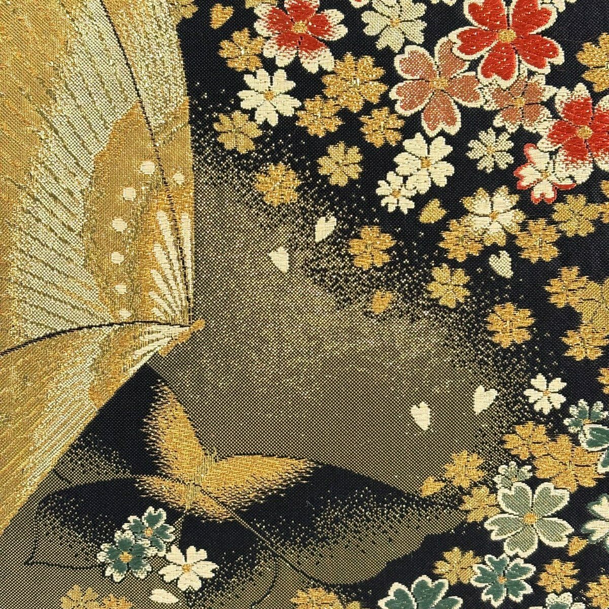 【美品】 袋帶 秀品級櫻花 蝴蝶 金絲 金金箔 金 六通 純蠶絲