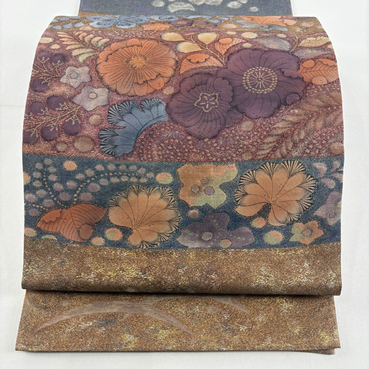【美品】 袋帶 秀品級 彩霞辻花紋 辻花 段紋 金金箔 紅紫 大鼓圖案 純蠶絲