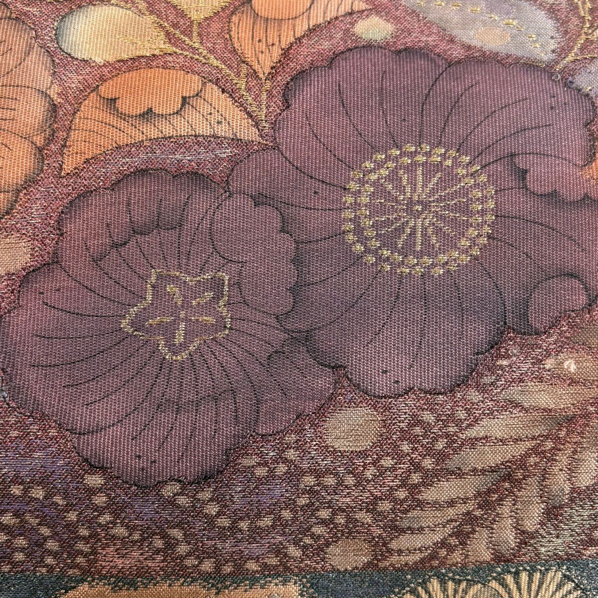 【美品】 袋帶 秀品級 彩霞辻花紋 辻花 段紋 金金箔 紅紫 大鼓圖案 純蠶絲