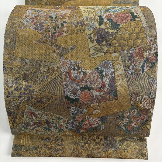 袋帶 秀品級 花鳥 色紙 金金箔 金絲 金茶 全通 純蠶絲