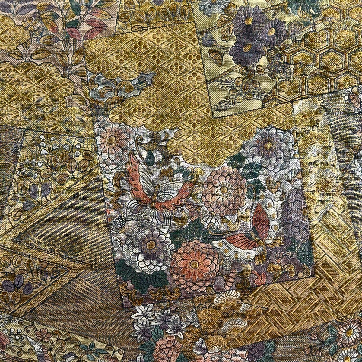 袋帶 秀品級 花鳥 色紙 金金箔 金絲 金茶 全通 純蠶絲