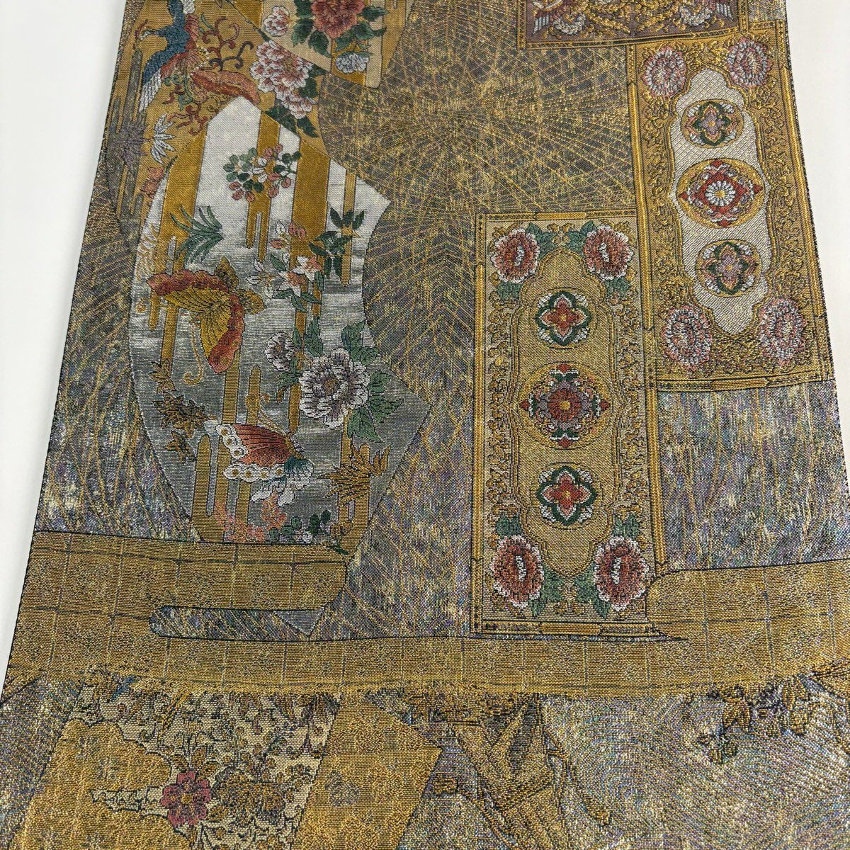袋帶 秀品級 花鳥 色紙 金金箔 金絲 金茶 全通 純蠶絲