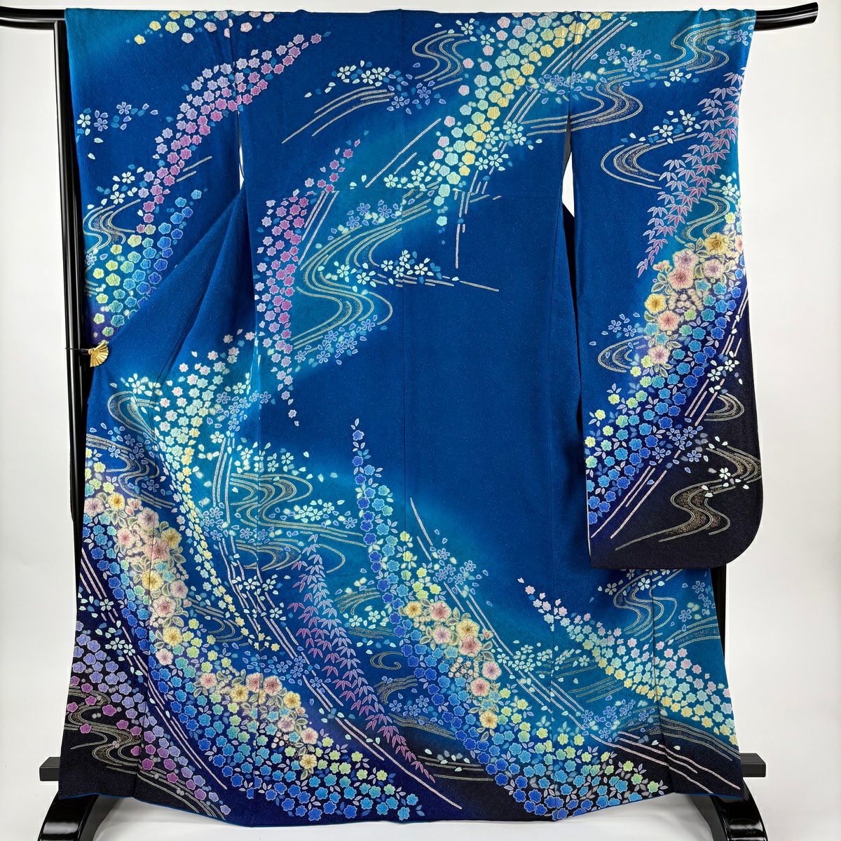 【美品】振袖禮服 身長167cm 袖長71cm L 雙層 辻花染 流水 金銀彩 青 純蠶絲 逸品級