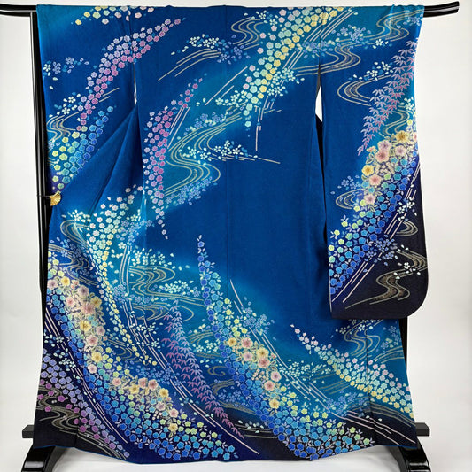 【美品】振袖禮服 身長167cm 袖長71cm L 雙層 辻花染 流水 金銀彩 青 純蠶絲 逸品級