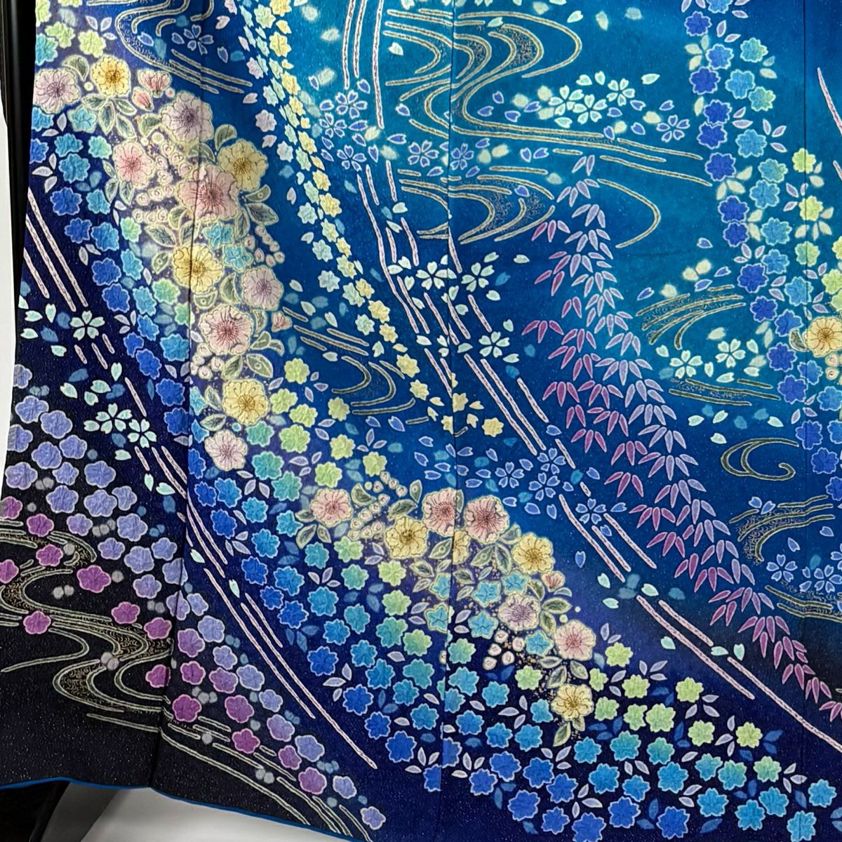 【美品】振袖禮服 身長167cm 袖長71cm L 雙層 辻花染 流水 金銀彩 青 純蠶絲 逸品級