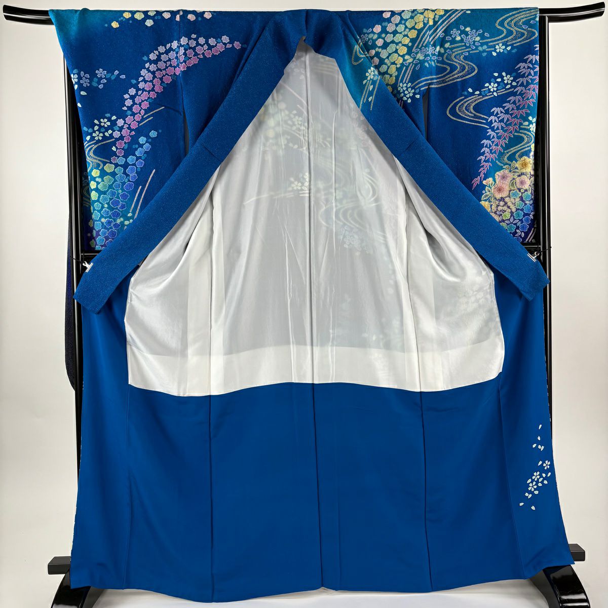 【美品】振袖禮服 身長167cm 袖長71cm L 雙層 辻花染 流水 金銀彩 青 純蠶絲 逸品級
