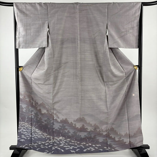 訪問服 身長164cm 袖長66cm M 雙層 牛首紬織織 地 落款あり 證書あり 風景 樹木 漸層 灰紫 純蠶絲 逸品級