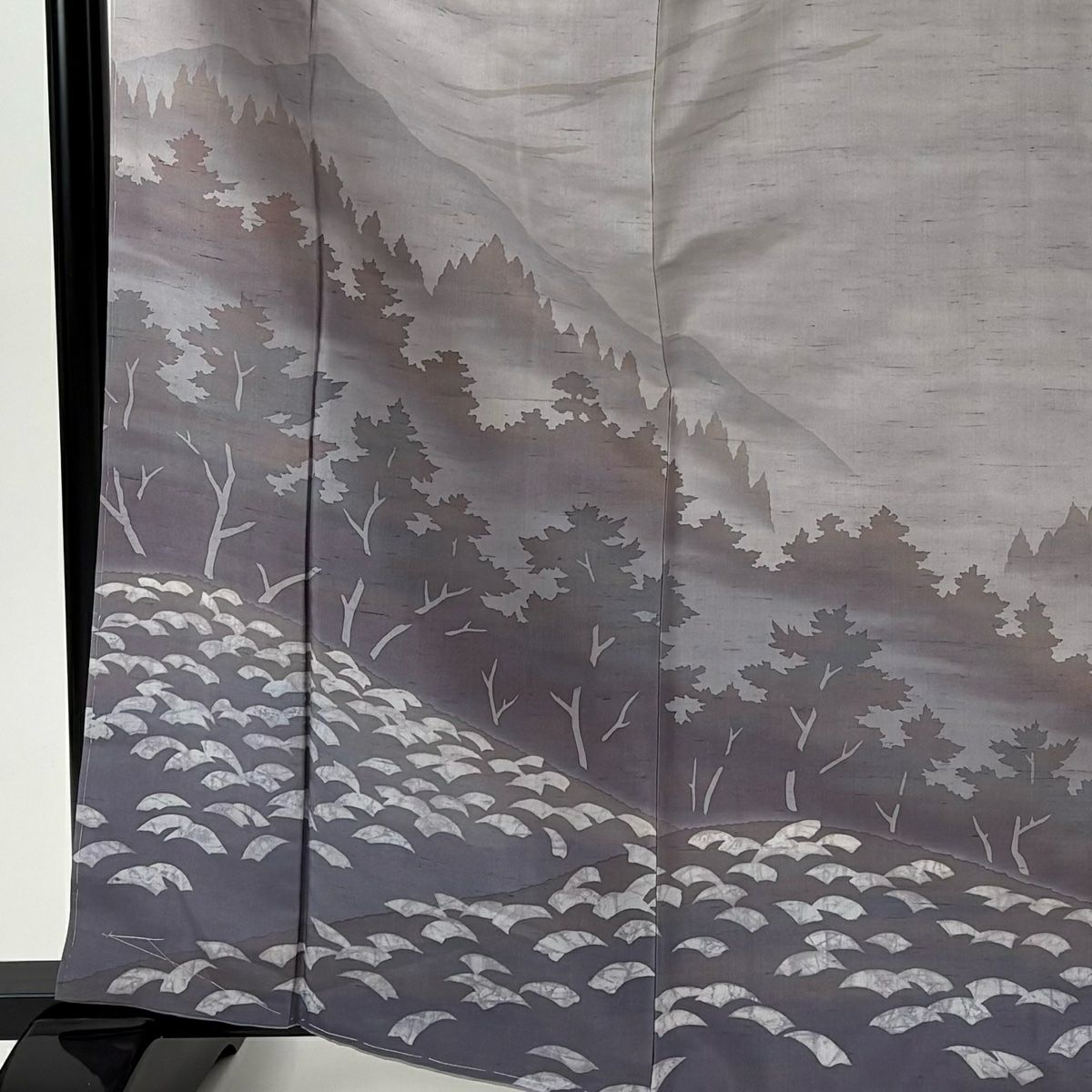 訪問服 身長164cm 袖長66cm M 雙層 牛首紬織織 地 落款あり 證書あり 風景 樹木 漸層 灰紫 純蠶絲 逸品級