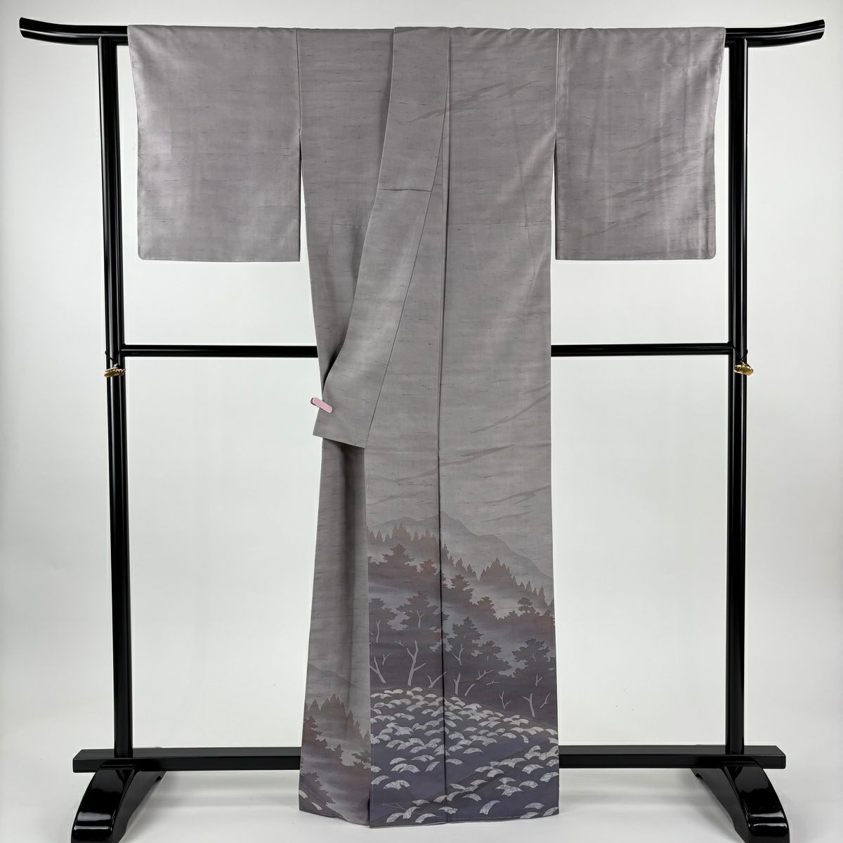 訪問服 身長164cm 袖長66cm M 雙層 牛首紬織織 地 落款あり 證書あり 風景 樹木 漸層 灰紫 純蠶絲 逸品級