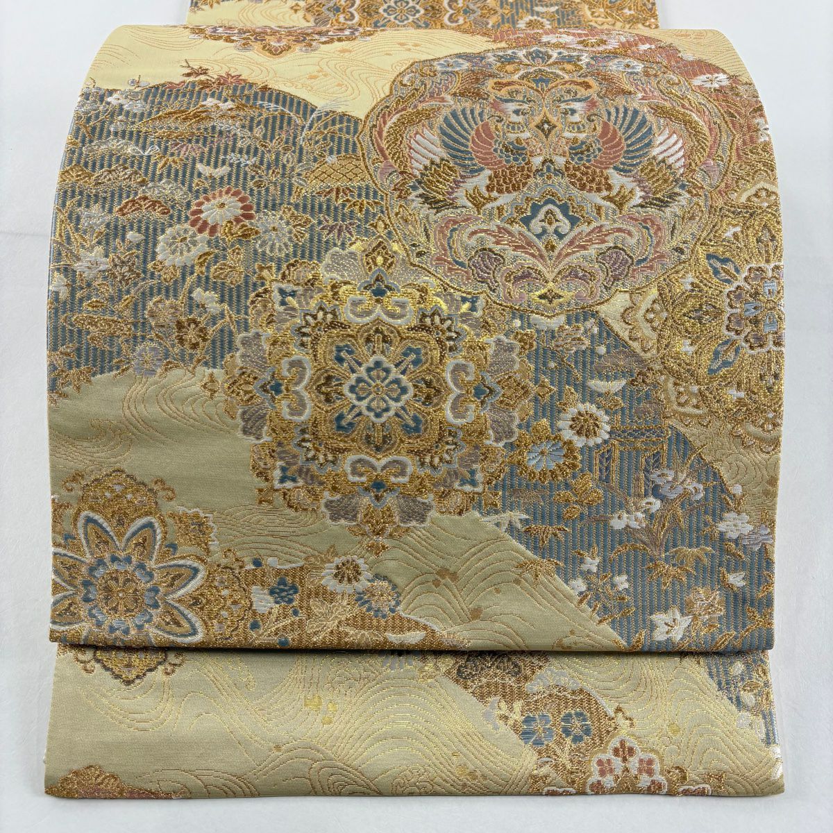 【美品】 袋帶 秀品級 向鳥 華紋 金銀絲 金金箔 金色 六通 純蠶絲