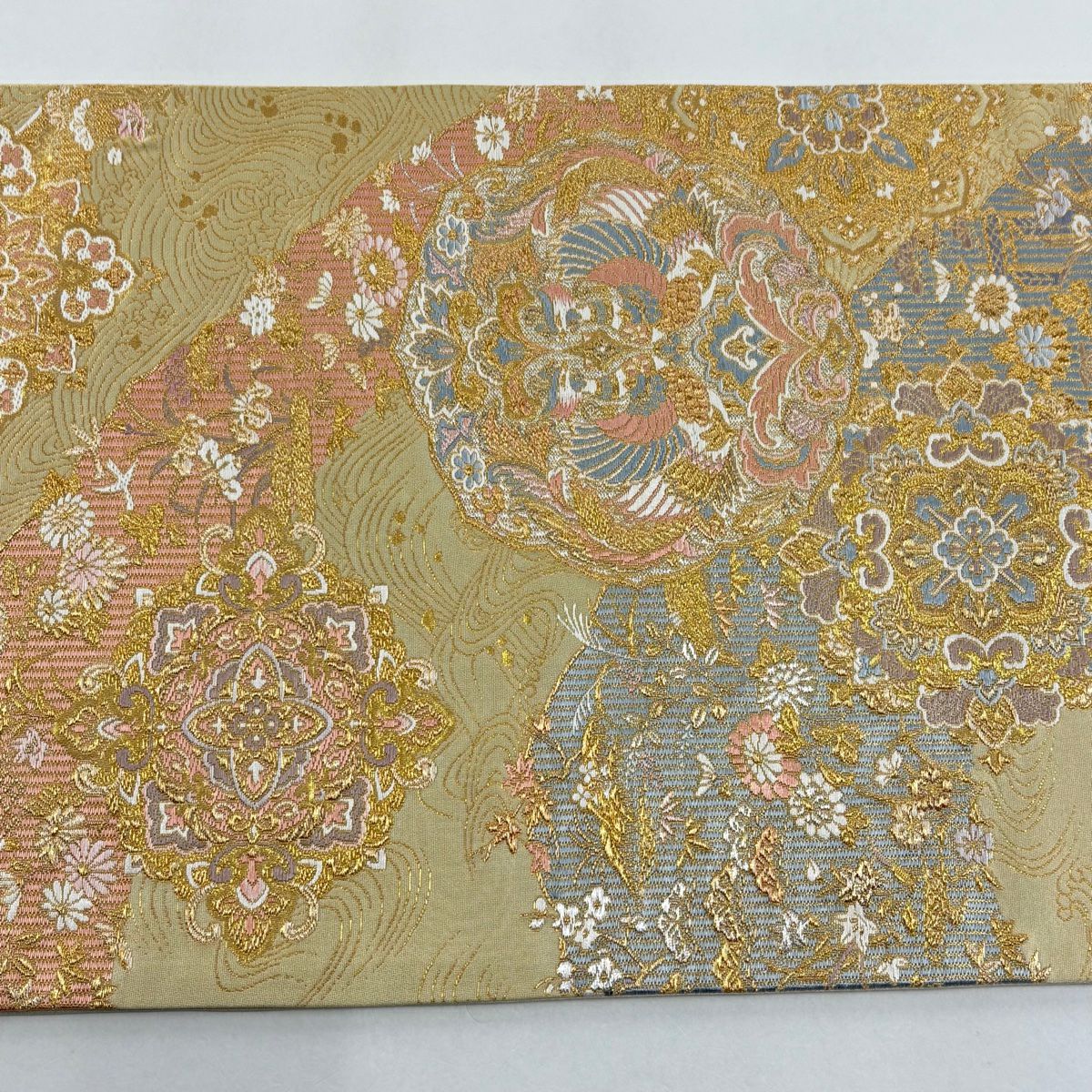【美品】 袋帶 秀品級 向鳥 華紋 金銀絲 金金箔 金色 六通 純蠶絲