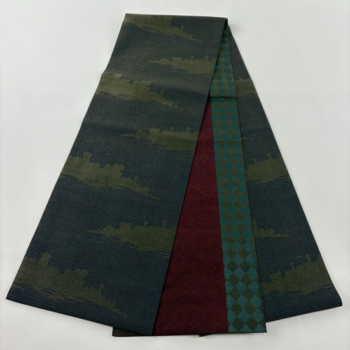 【美品】 袋帶 名古屋帶 秀品級 建築 霞 金金箔 灰綠 純蠶絲