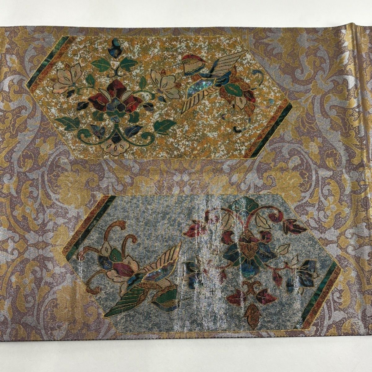 袋帶 秀品級 鳥 花唐草紋 螺鈿金金箔 金銀彩 茶紫 大鼓圖案 純蠶絲