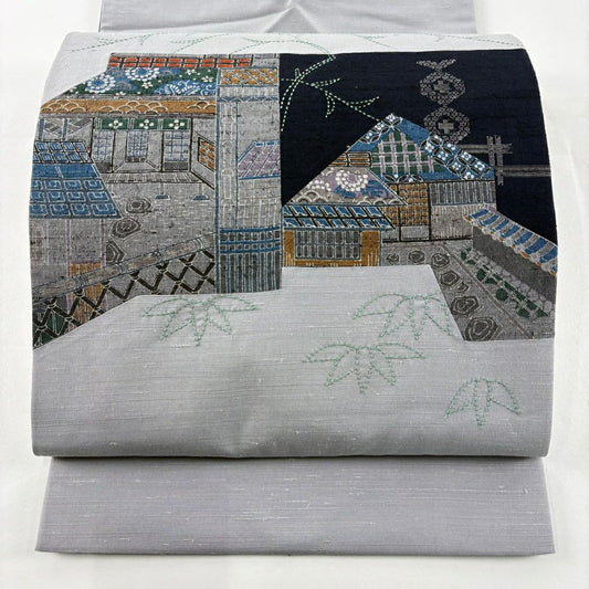 袋帶 秀品級 紬織織 建物 笹 刺繡 灰色 純蠶絲