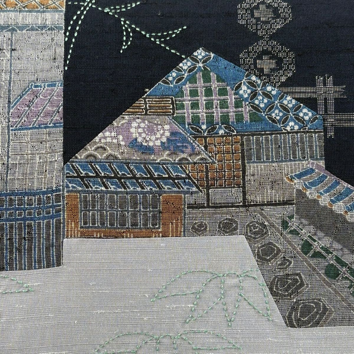 袋帶 秀品級 紬織織 建物 笹 刺繡 灰色 純蠶絲