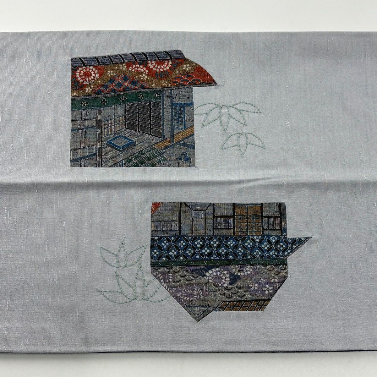 袋帶 秀品級 紬織織 建物 笹 刺繡 灰色 純蠶絲