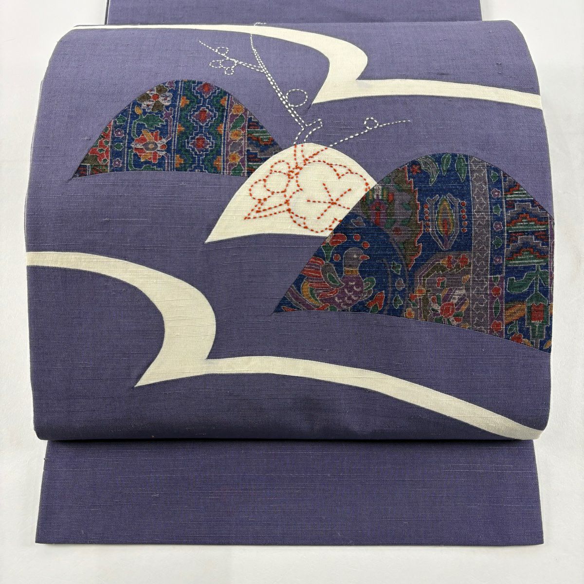 袋帶 秀品級 紬織織 山 枝梅花 刺繡 紫 純蠶絲