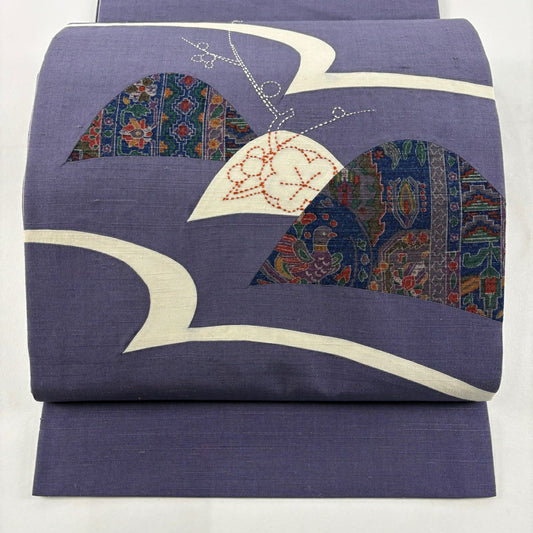袋帶 秀品級 紬織織 山 枝梅花 刺繡 紫 純蠶絲