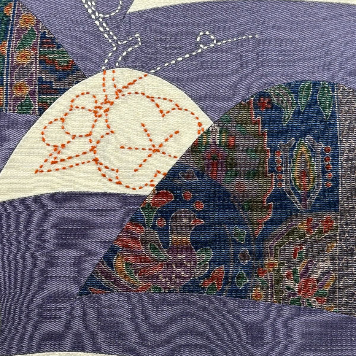 袋帶 秀品級 紬織織 山 枝梅花 刺繡 紫 純蠶絲