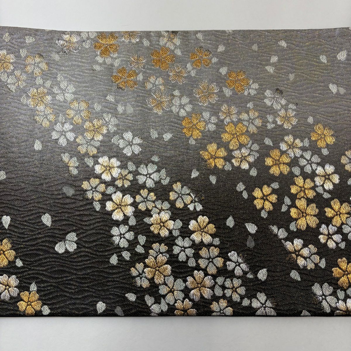 【美品】 袋帶 秀品級 櫻花花瓣 金金箔 金銀彩 墨色 六通 純蠶絲