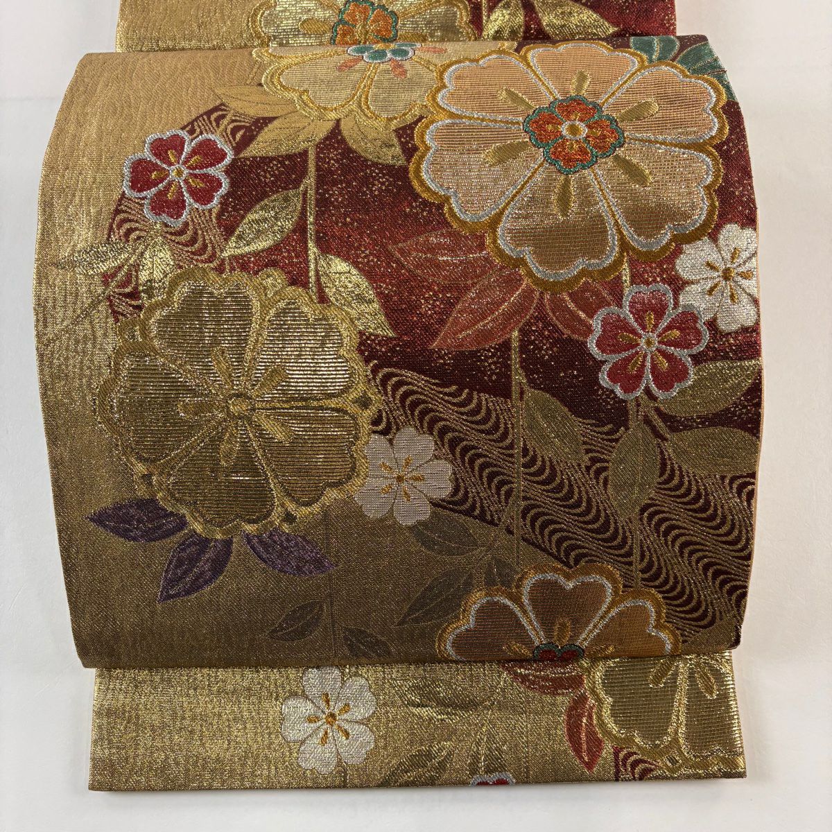 袋帶 秀品級 振袖禮服禮服用 草花紋紋櫻花 金金箔 金絲 紅茶 六通 純蠶絲
