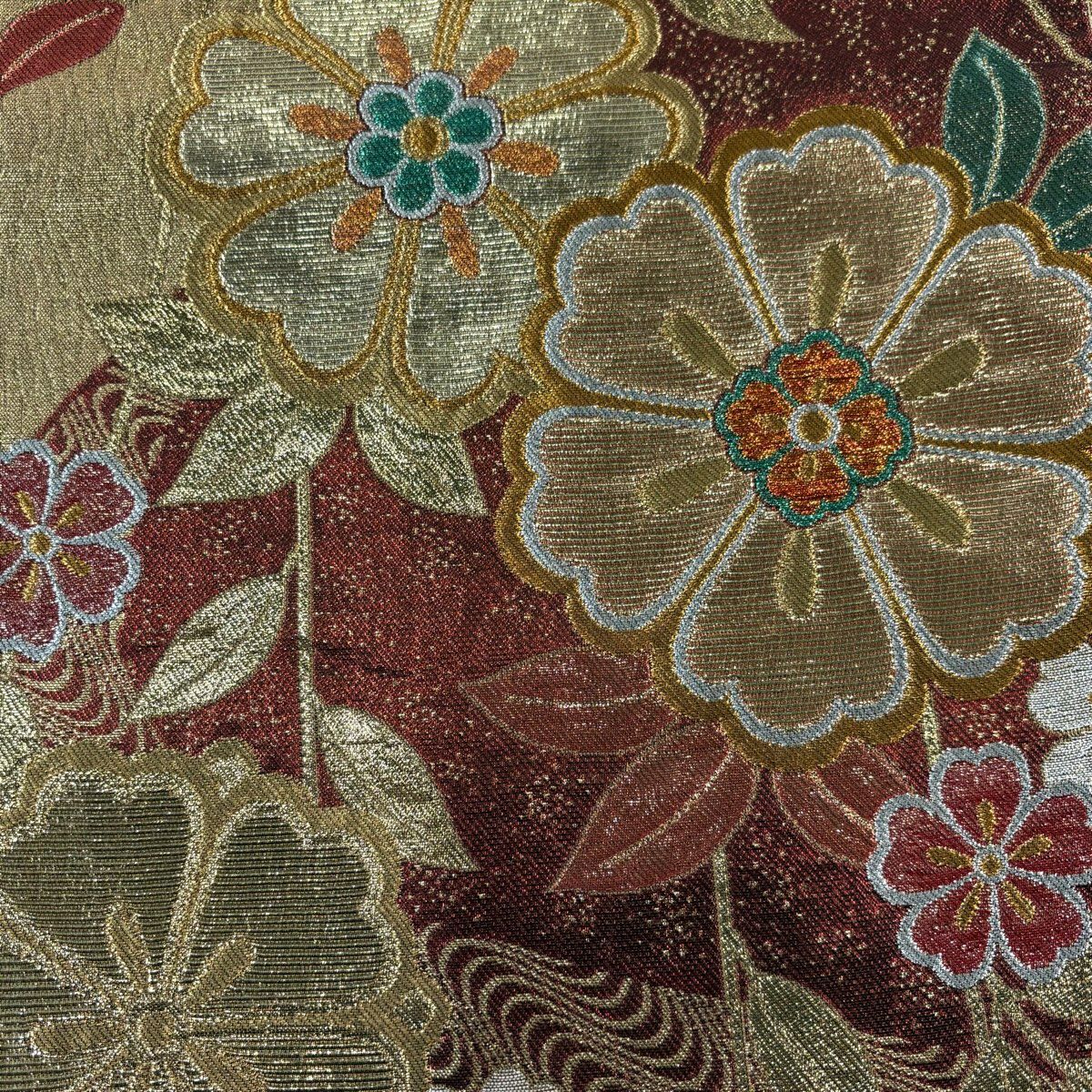 袋帶 秀品級 振袖禮服禮服用 草花紋紋櫻花 金金箔 金絲 紅茶 六通 純蠶絲