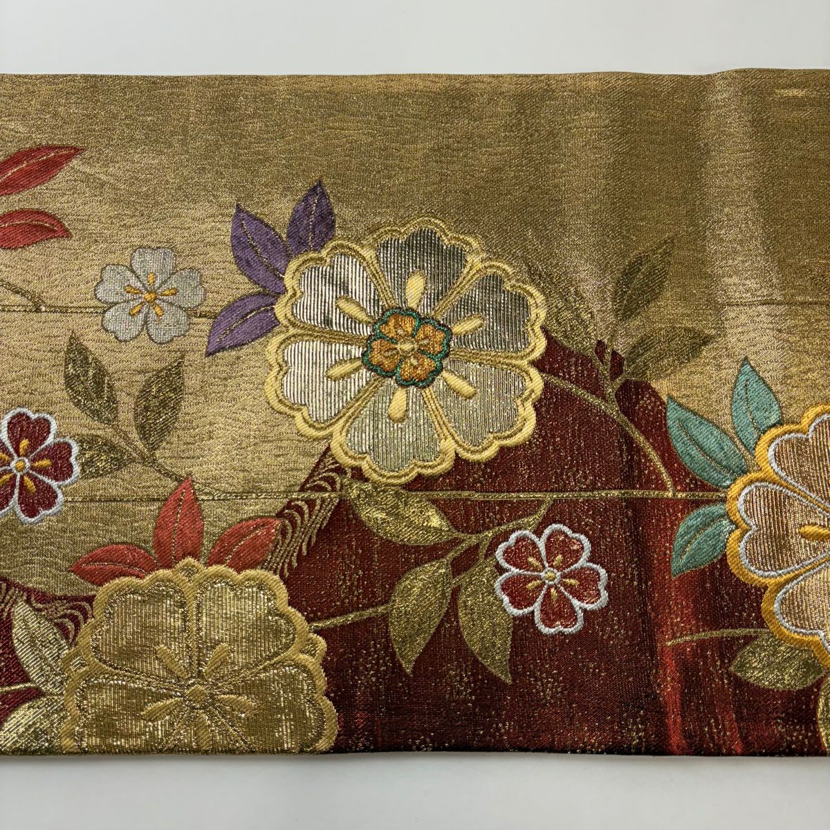袋帶 秀品級 振袖禮服禮服用 草花紋紋櫻花 金金箔 金絲 紅茶 六通 純蠶絲