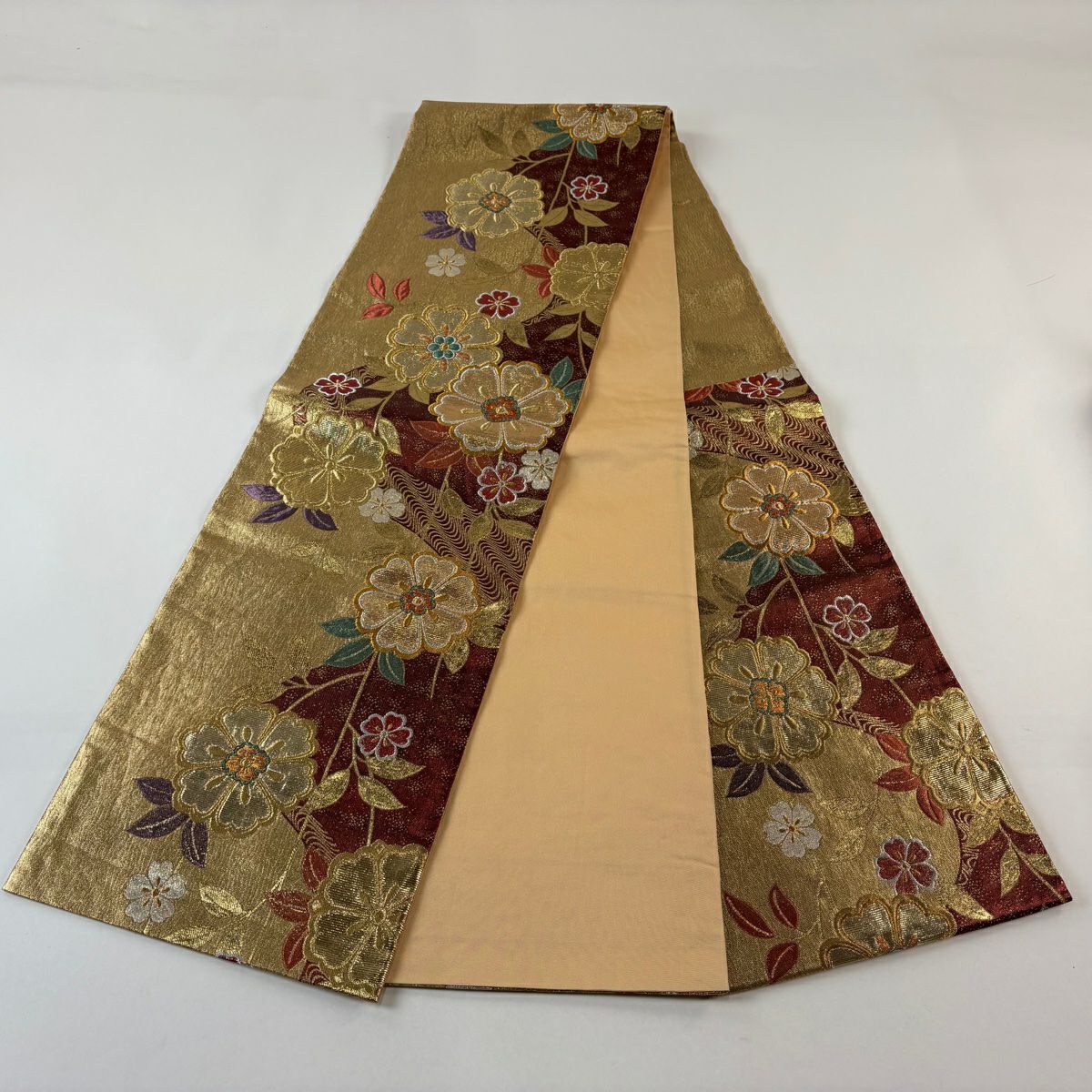 袋帶 秀品級 振袖禮服禮服用 草花紋紋櫻花 金金箔 金絲 紅茶 六通 純蠶絲