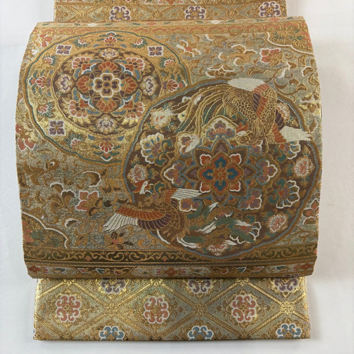 【美品】 袋帶 秀品級 華紋 花鳥 金金箔 金絲 金色 六通 純蠶絲