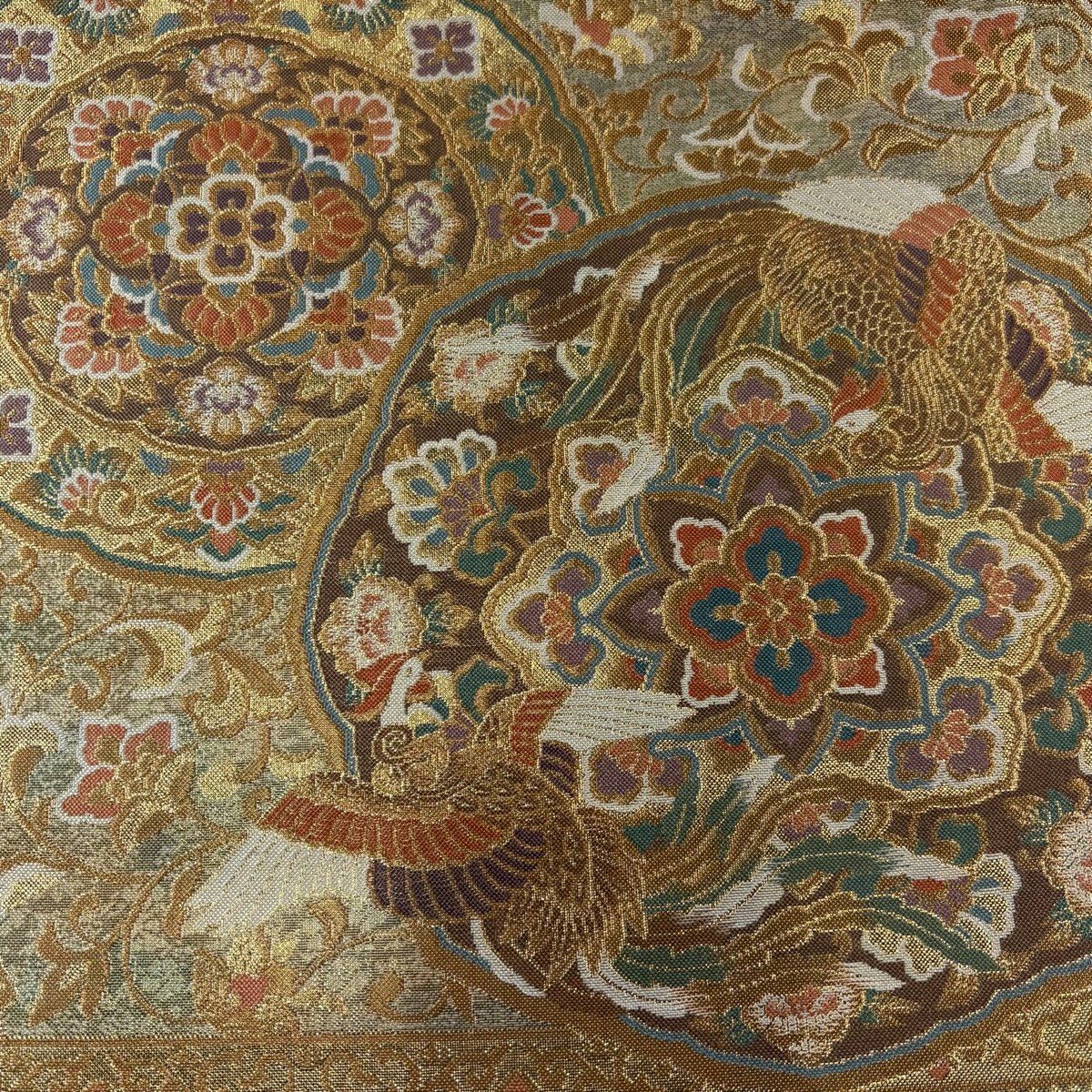 【美品】 袋帶 秀品級 華紋 花鳥 金金箔 金絲 金色 六通 純蠶絲