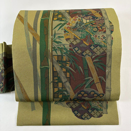 【美品】 名古屋帶 秀品級 人物 竹子 絞染 金銀彩 抹茶 純蠶絲