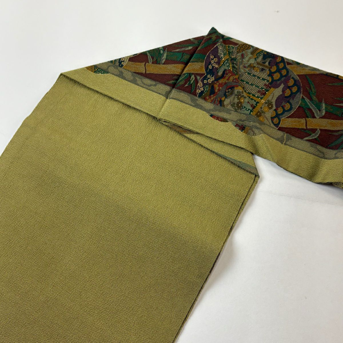 【美品】 名古屋帶 秀品級 人物 竹子 絞染 金銀彩 抹茶 純蠶絲
