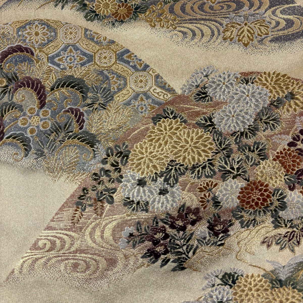 【美品】 袋帶 秀品級 菊花 松樹梅花 金銀線 金金箔 金色 六通 純蠶絲