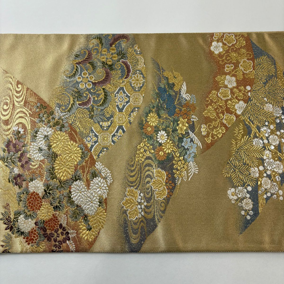 【美品】 袋帶 秀品級 菊花 松樹梅花 金銀線 金金箔 金色 六通 純蠶絲