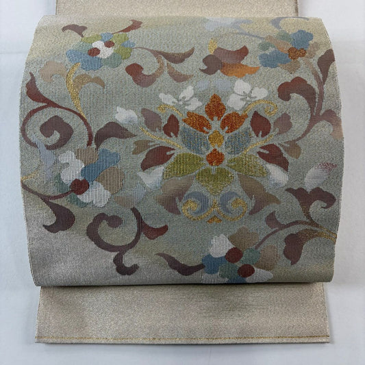 【美品】 名古屋帶 秀品級 八寸名古屋帶 松樹葉仕立 草花紋 金糸 金色 純蠶絲