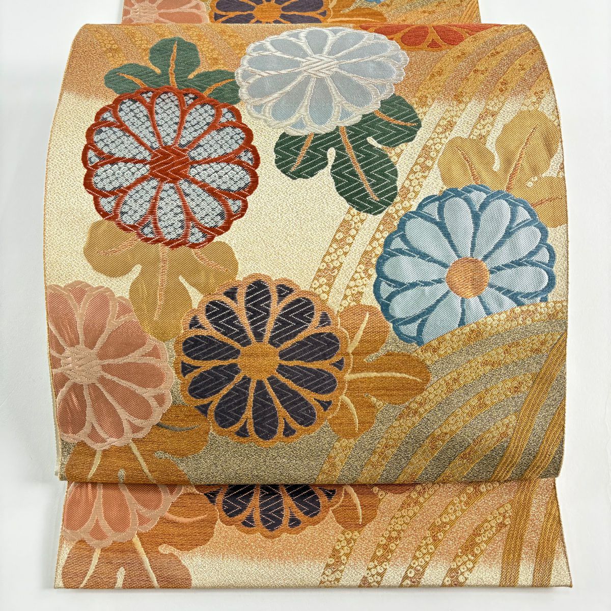 【美品】 袋帶 秀品級 振袖禮服禮服用 菊花 波 唐織 金銀彩 金 六通 純蠶絲