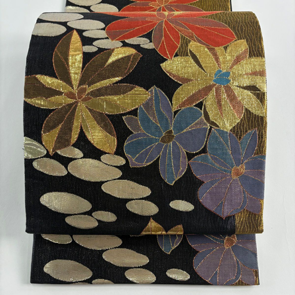 袋帶 秀品級 振袖禮服禮服 草花紋紋 幾何學 金絲 金金箔 黑 六通 純蠶絲