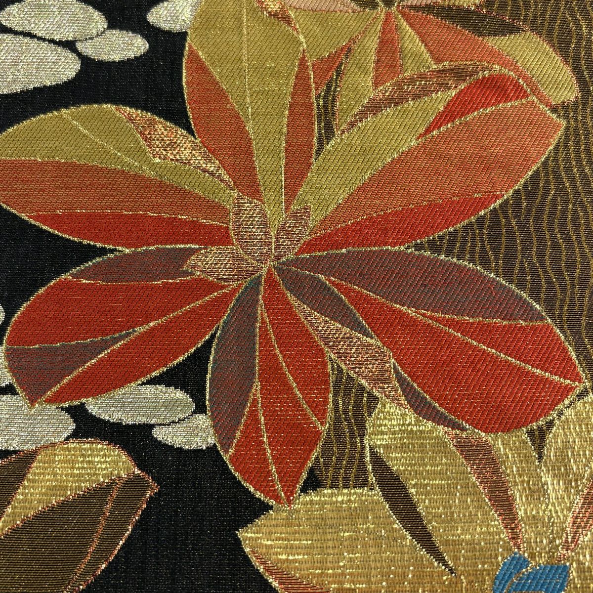 袋帶 秀品級 振袖禮服禮服 草花紋紋 幾何學 金絲 金金箔 黑 六通 純蠶絲