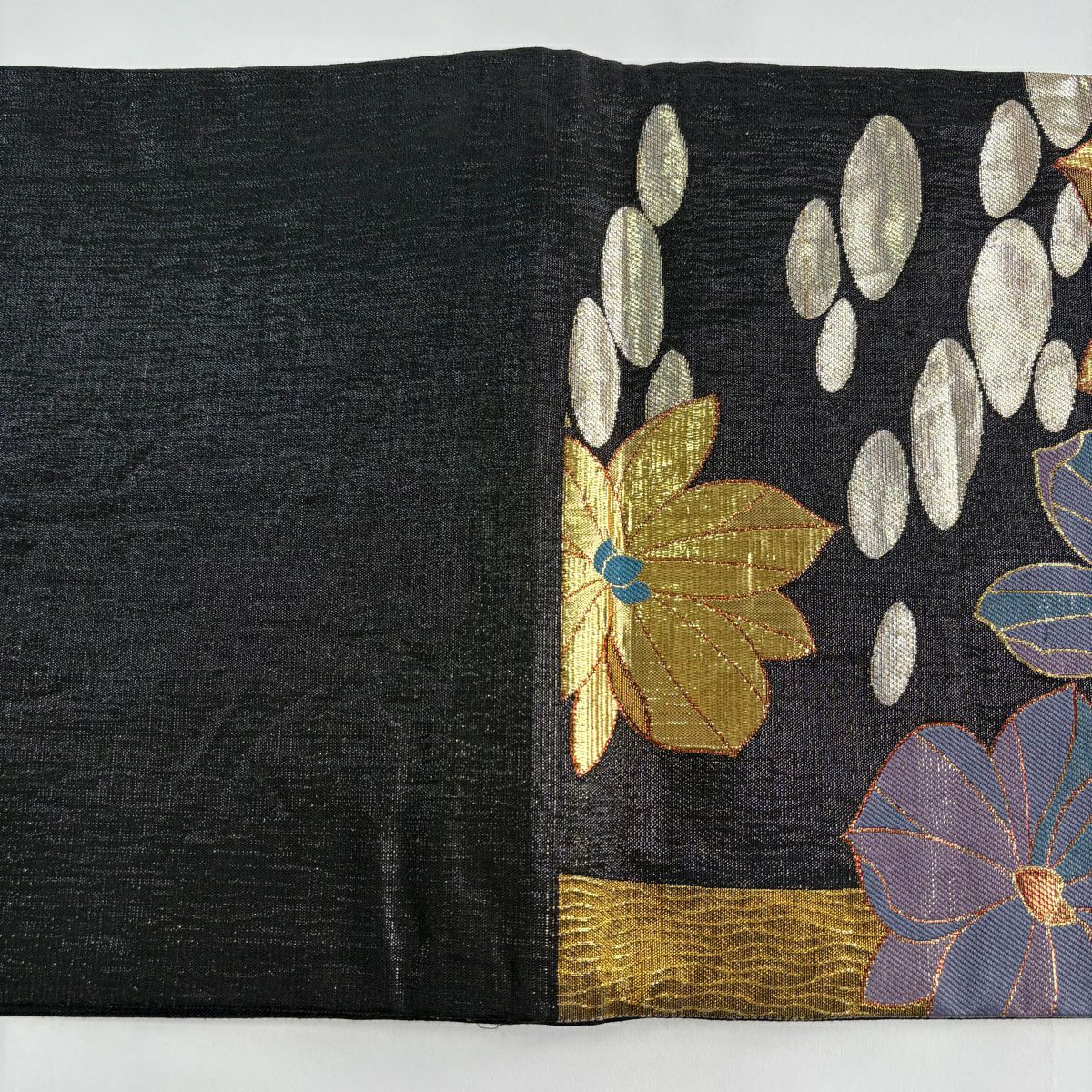 袋帶 秀品級 振袖禮服禮服 草花紋紋 幾何學 金絲 金金箔 黑 六通 純蠶絲
