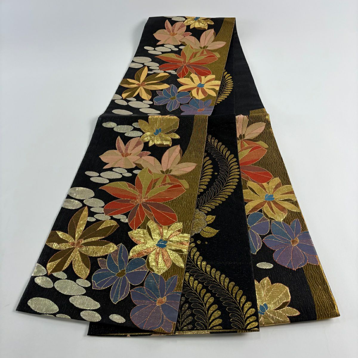 袋帶 秀品級 振袖禮服禮服 草花紋紋 幾何學 金絲 金金箔 黑 六通 純蠶絲
