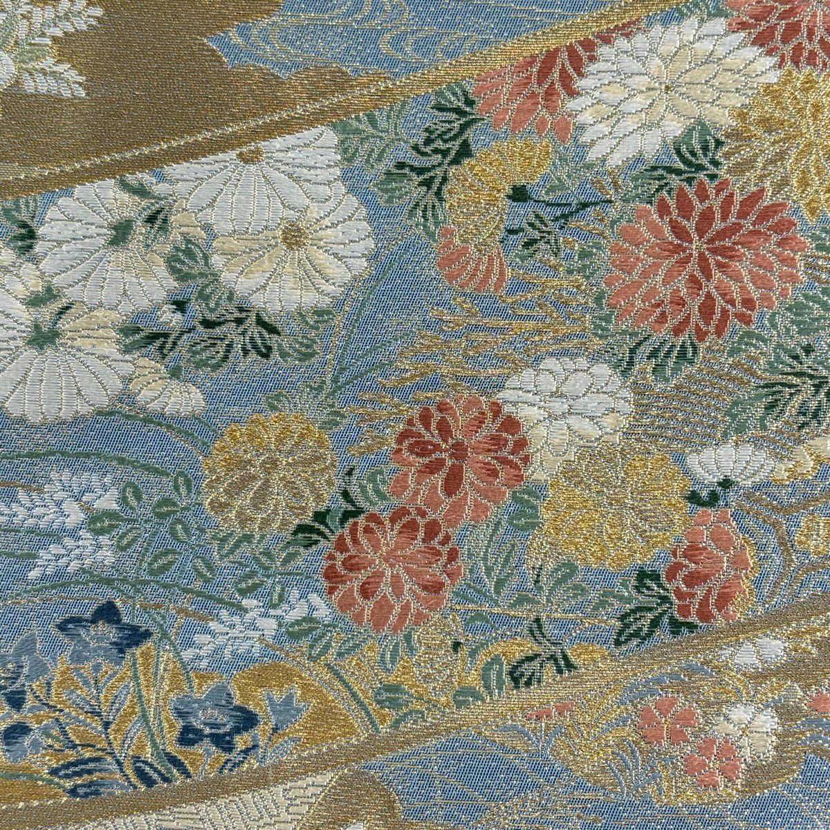 【美品】 袋帶 秀品級 舞仙鶴 落款 草花紋繪卷文 有職紋樣 金絲 金金箔 金色 六通 純蠶絲