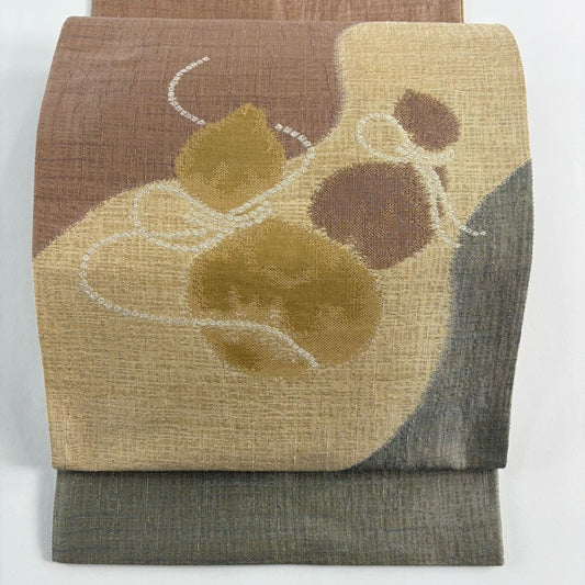 袋帶 秀品級 瓢箪 金絲 灰綠 お太鼓圖案 純蠶絲