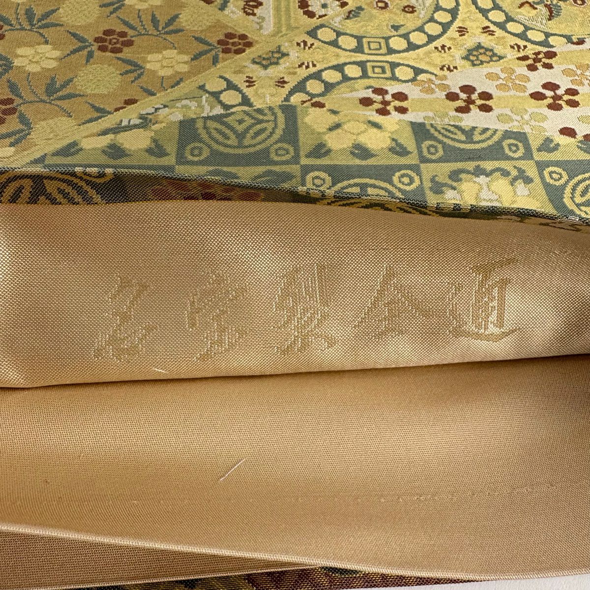 袋帶 秀品級 明寶裂 華紋 七寶 米色 全通 純蠶絲